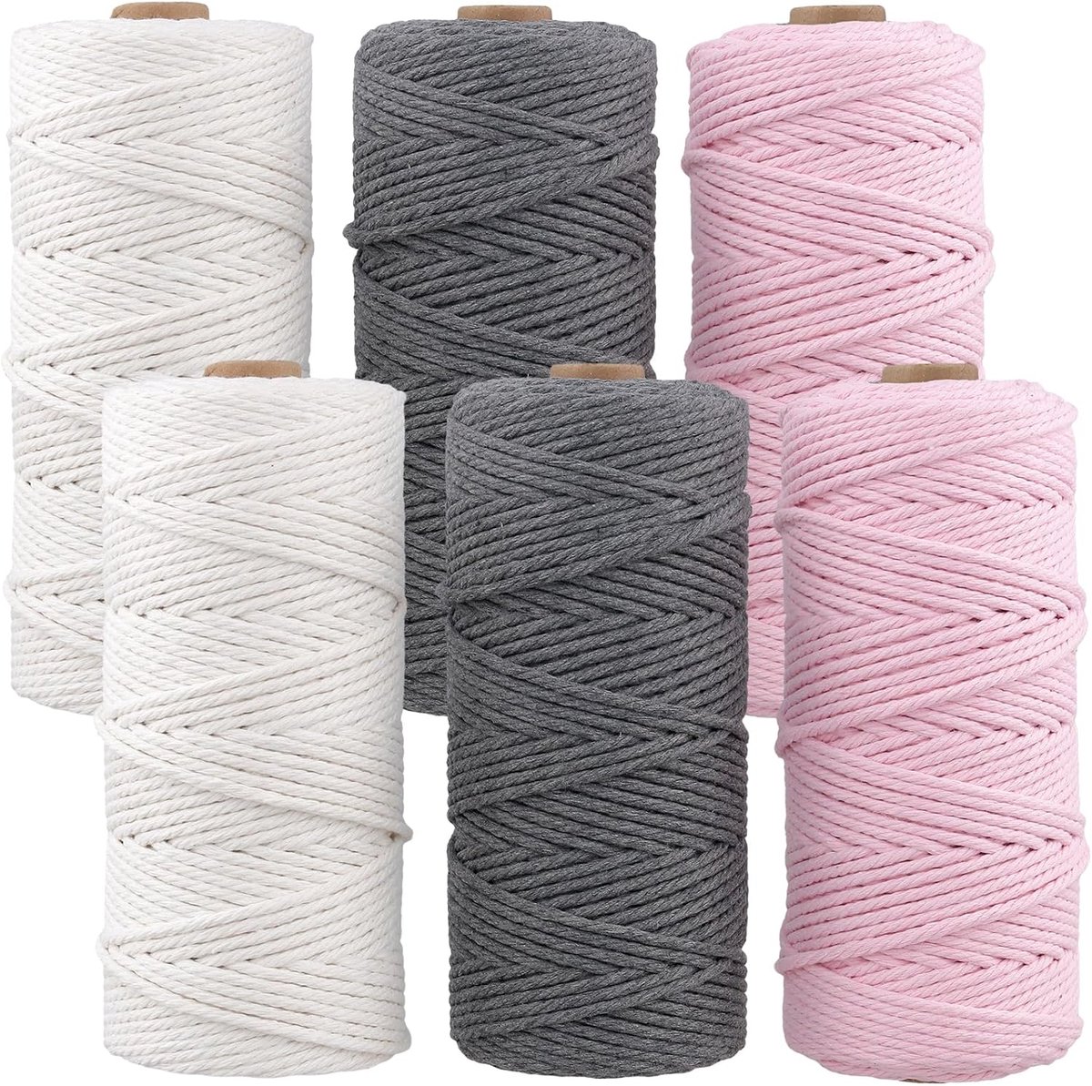 6 stuks 100 m x 3 mm macramégaren, gevlochten, macramé, katoengaren, beige + roze + grijs, katoenen koord, katoenen koord voor doe-het-zelf wandbehang, bloemenhanger, dromenvanger