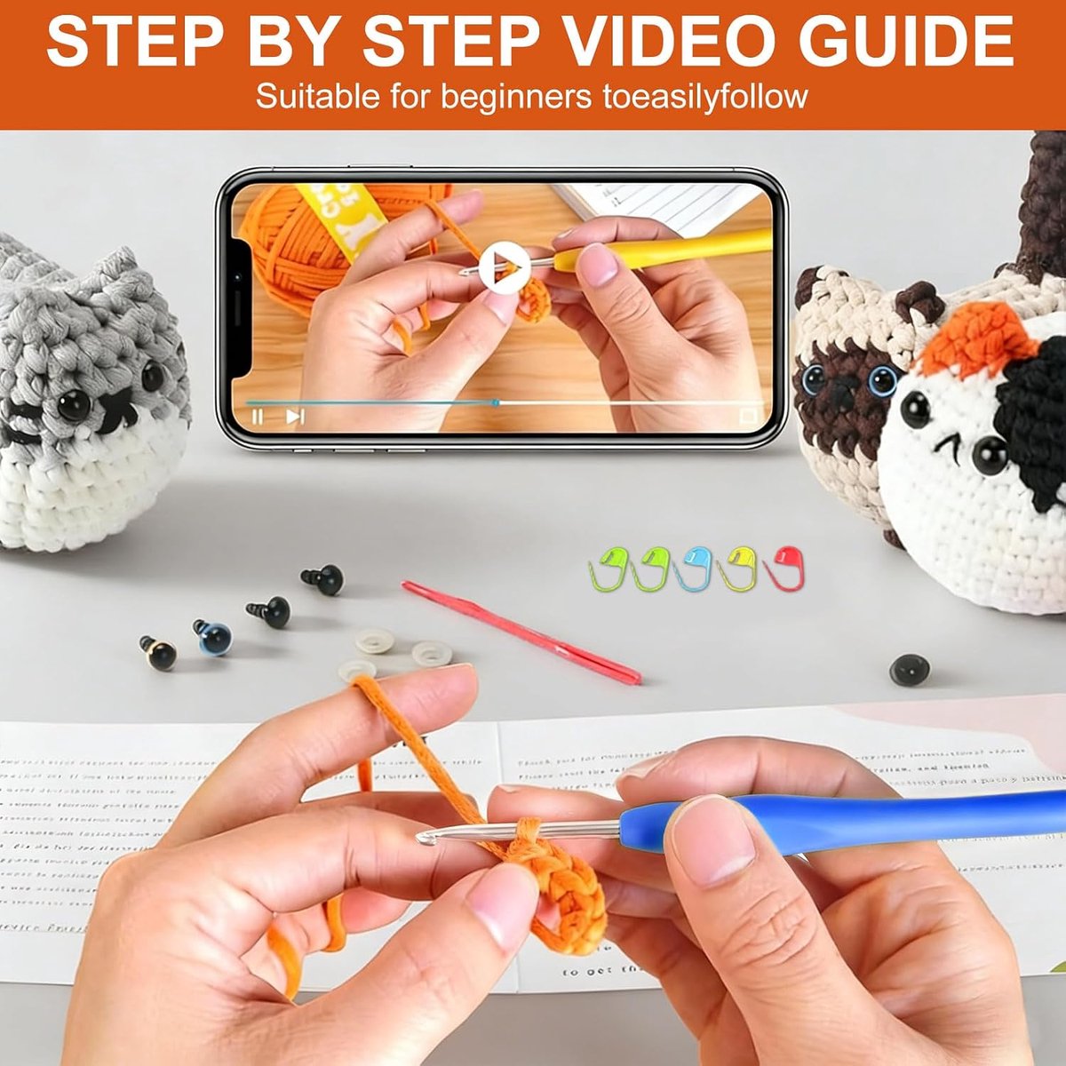 Haakset voor beginners, haakset dieren, Amigurumi handleiding met stapsgewijze video, drie schattige katten, ideaal voor beginners, creatieve haakset (3 kittens)