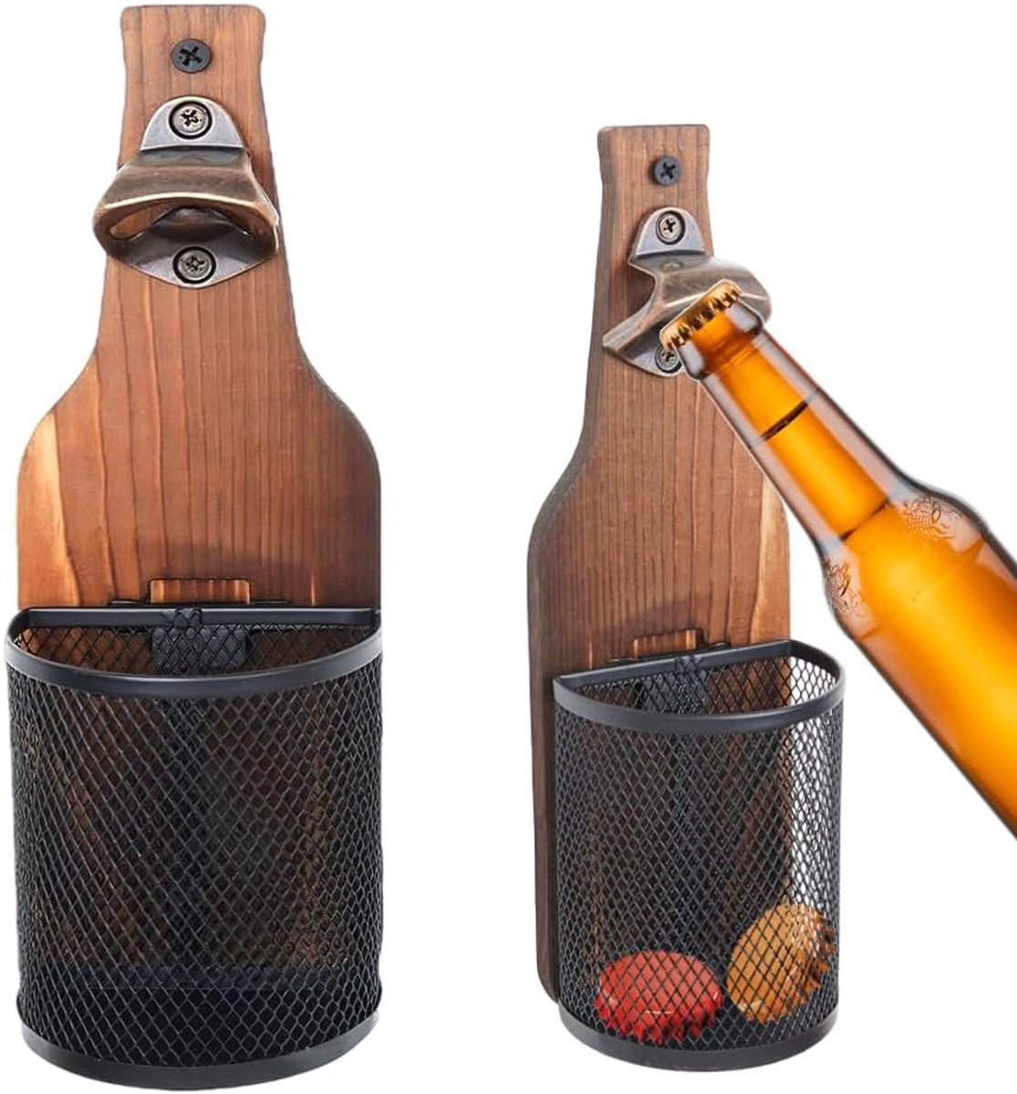 Houten muur bieropener, bieropener muur met kroonkurk verzamelaar, vintage houten flesopener muur met metalen opvangbak, voor bar, terras, keuken, biergeschenken voor mannen en bierl