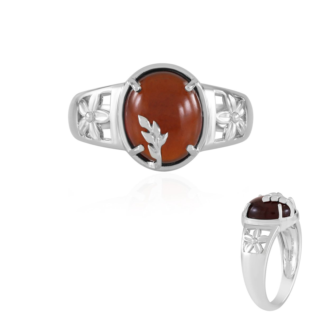 Cavill - Zilveren Ring 925 Sterling met 4,4 ct Hessoniet Granaat Ovaal Cabochon - Platina Verstelbaar - Bloemmotief Warme Kleur
