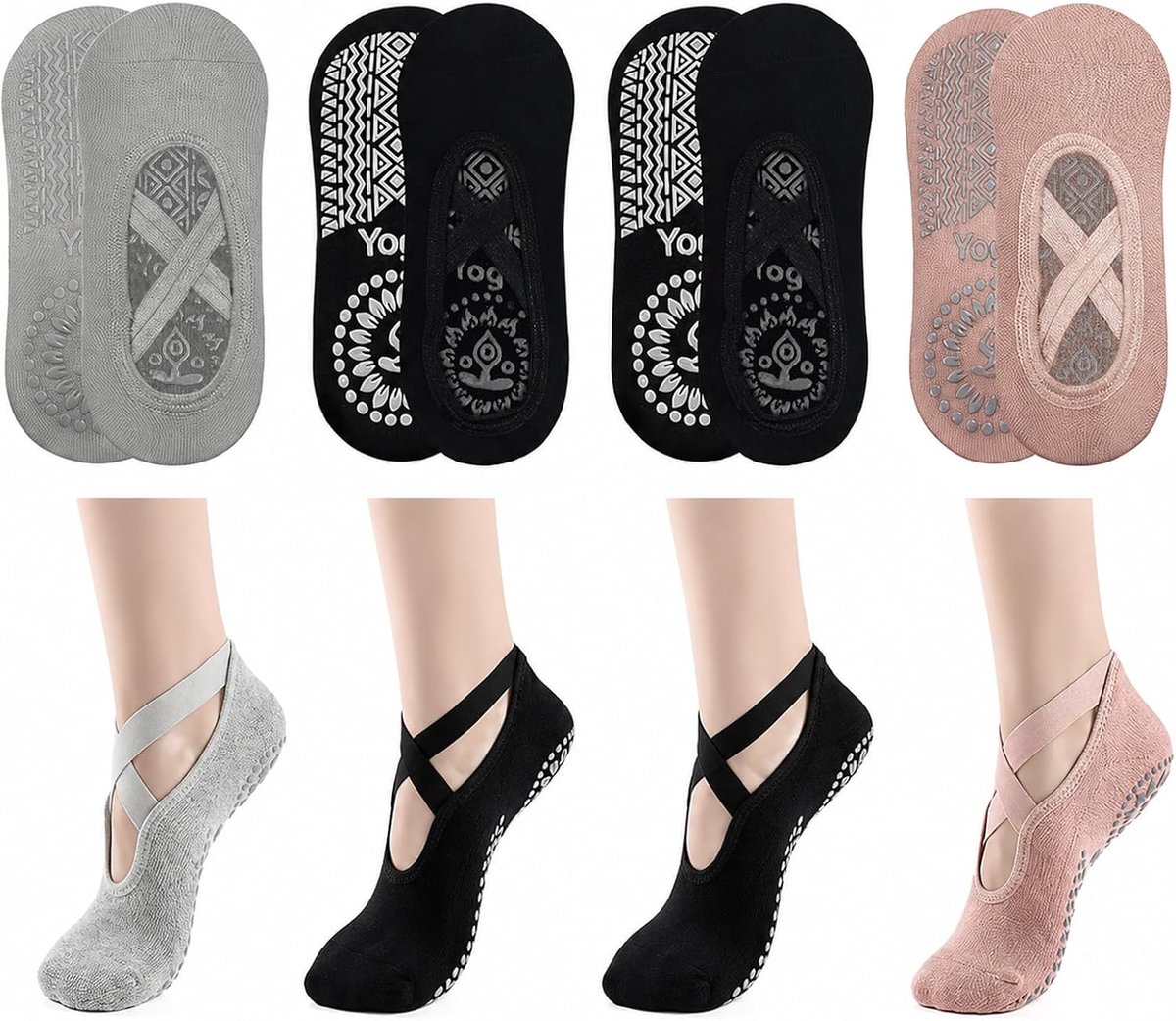 Pilatessokken dames - antislip - gekruiste bandjes - ideaal voor yoga - SnelShoppen