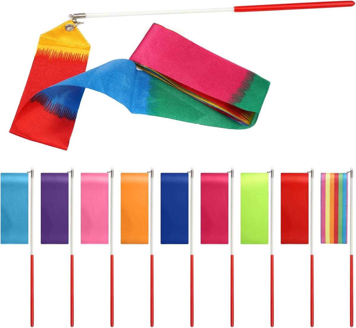 SnelShoppen - Set van 10 Gymnastiekbanden 2 m Ritmische Dansbanden met Staaf voor Kinderen en Meisjes, Perfect voor Dans, Gym en Circus