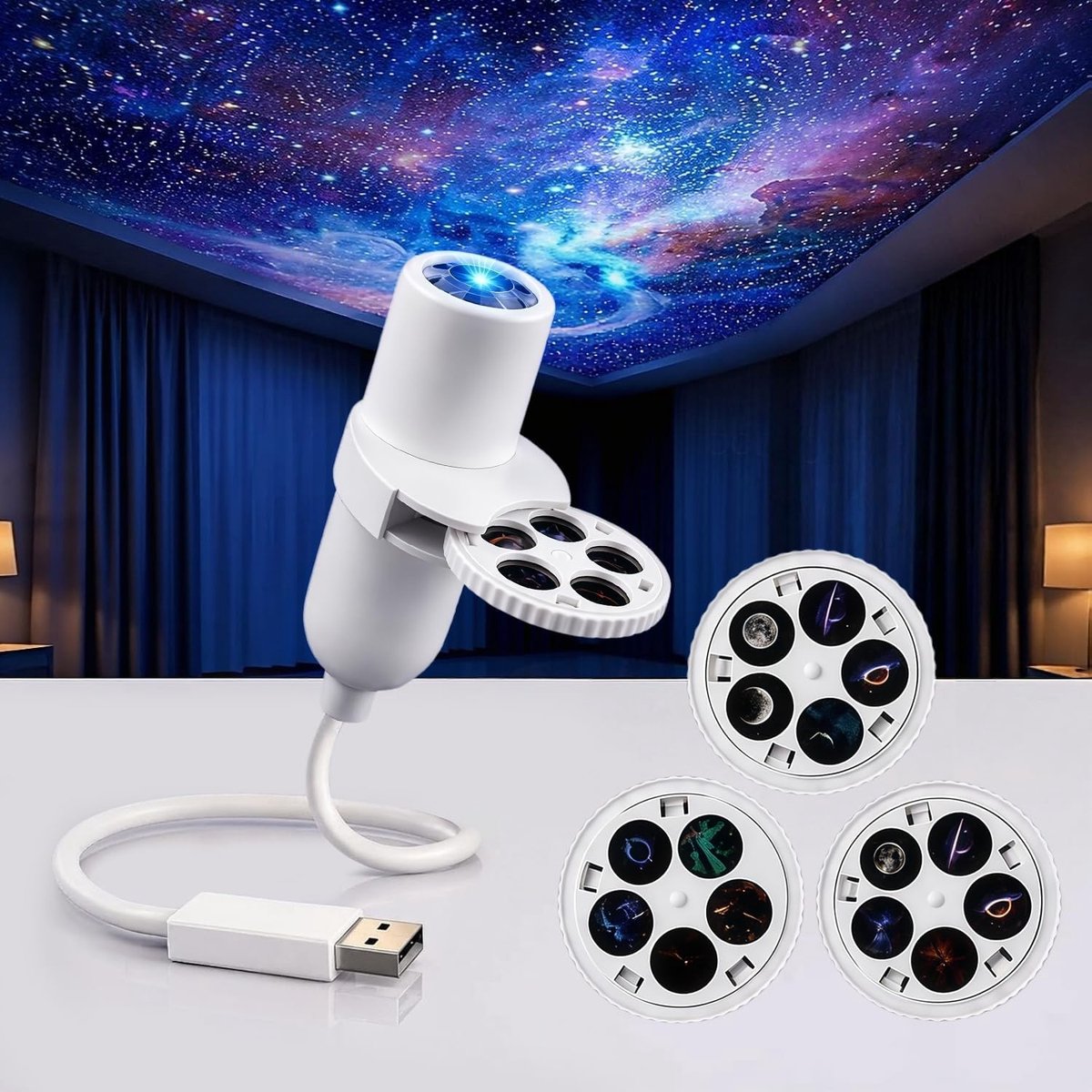 5D holografische nachtlichtprojector – Holografisch Projectie-nachtlampje – Sterrenhemelprojector – Plug-and-Play – 360° Verstelbaar – USB-voeding – Inclusief 3 Projectiefilms (15 Patronen) – Cadeau voor Kinderen