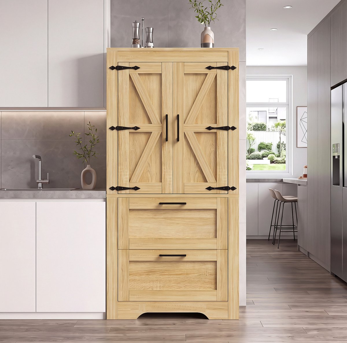 Keukenkast In Landhuisstijl Met 2 Lades En Verstelbare Planken Voor Keuken, Eetkamer En Woonkamer, Houtkleur, 60 X 30 X 128 Cm