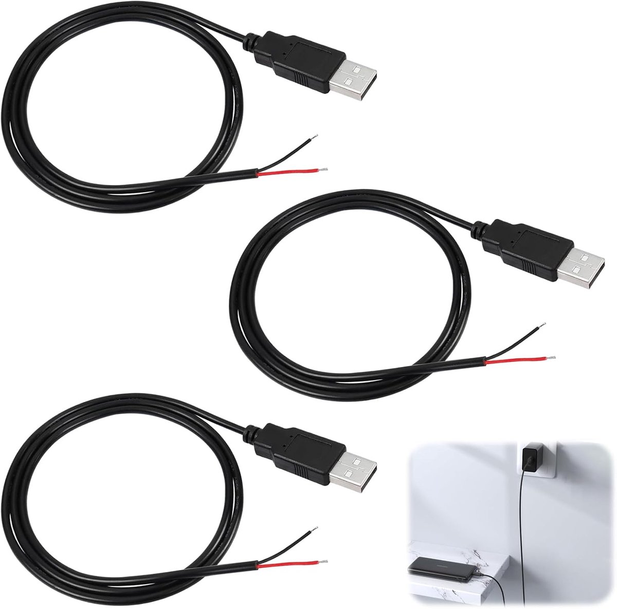 USB A Pigtail Kabel 2m - 3 Stuks - 2 Polige Open Eind - Perfect voor Projecten en Reparaties - SnelShoppen