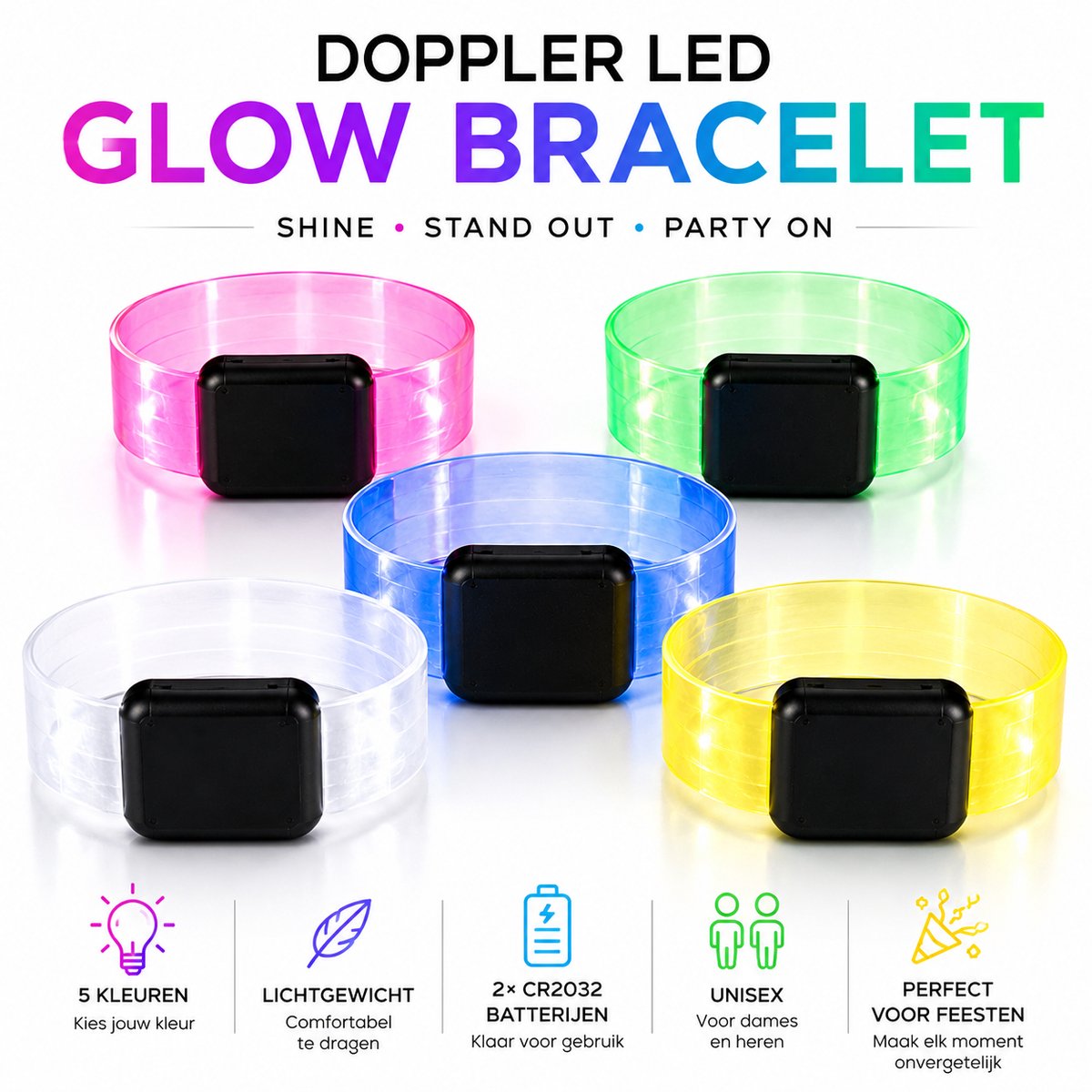 Doppler SyncGlow LED Party Armband - RGB Lichtarmband met Afstandsbediening - Herbruikbaar - Festival, Concert & Carnaval - Wit