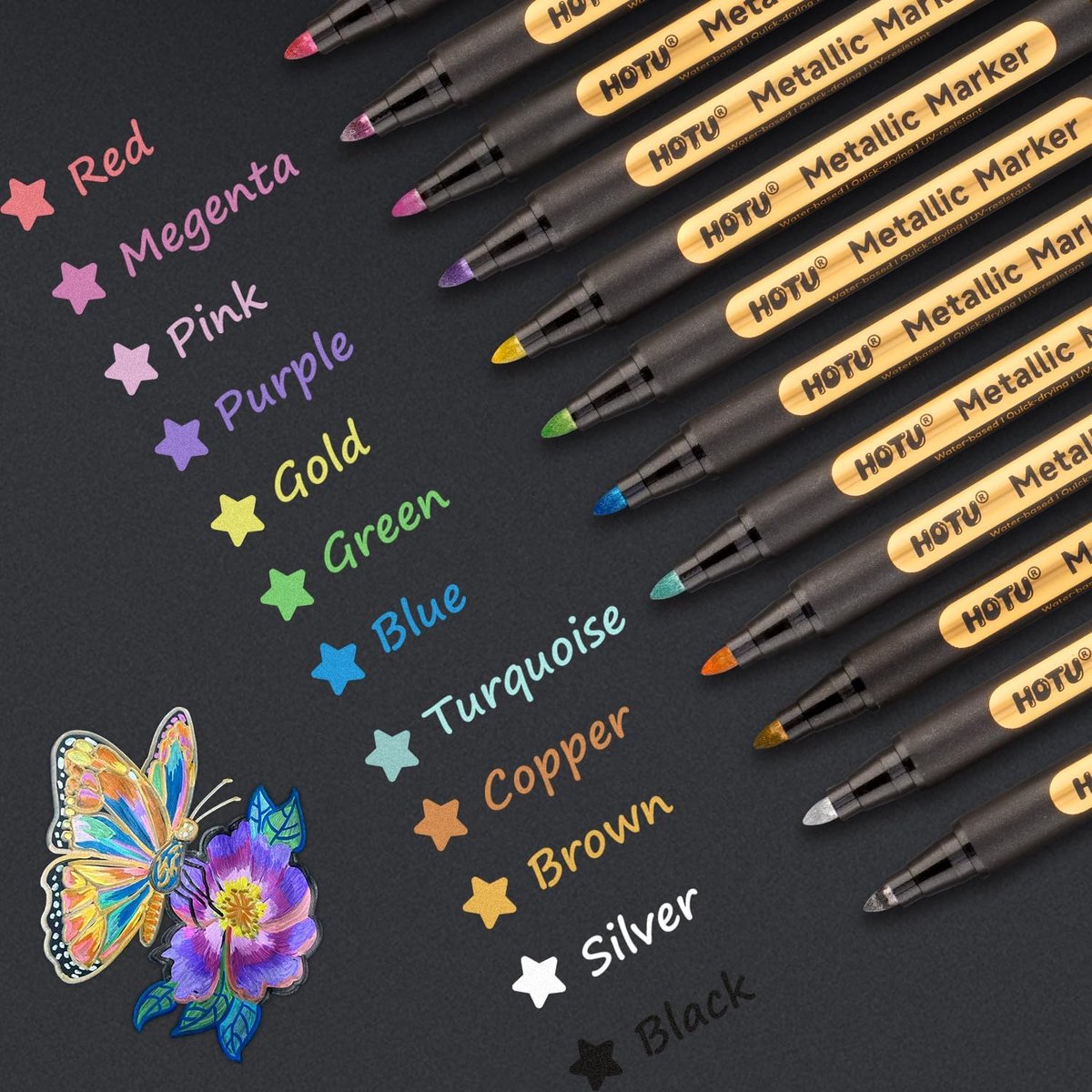 HOTU Metallic markers, punt 2 mm, 12 metallic markers voor zwart papier, accessoires voor scrapbooking, het maken van - ShopVlot