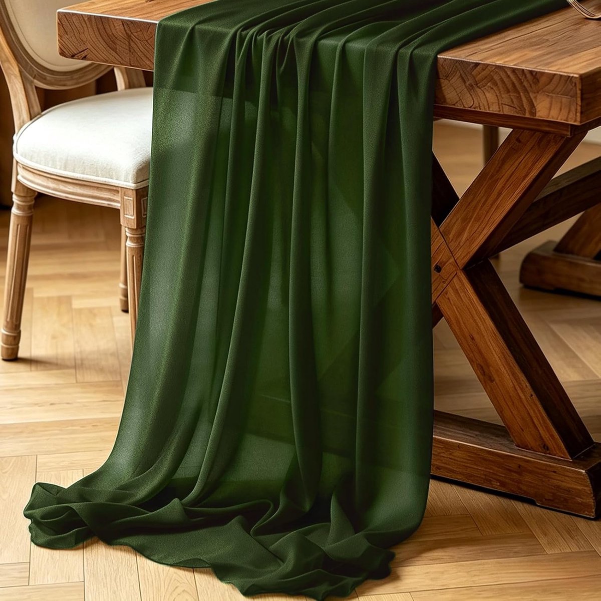 2Pcs Chiffon Table Runner Dark Green, 77x300cm Soft Boho Model Table Runner Table Decoration for Wedding, Party, Baby - ShopVlot