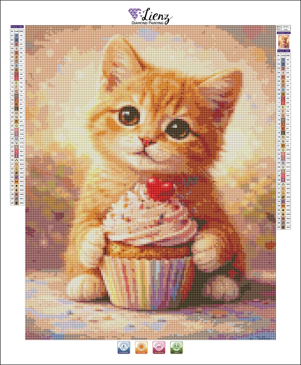 Lienz® Diamond Painting volwassenen 40x50cm – Rond – Kat - Poes - Kitten met cupcake — afbeelding 2