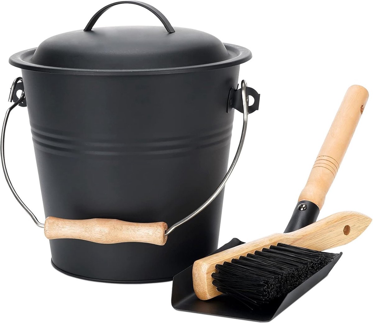 SnelShoppen - 1.5 Gallon Metalen Asemmer met Deksel, Schep en Bezem - Perfect voor Haarden, Houtkachels, Tuin, Grill, Mini Vuurkorf