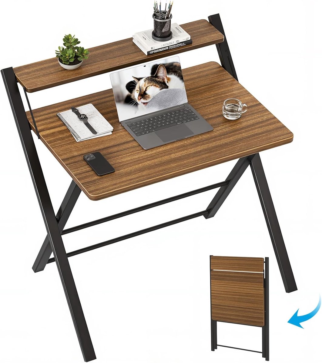 SnelShoppen - Vouwbare Tafel 70cm, Gaming Tafel met 2 Niveaus, Mini Laptop Tafel voor Kleine Ruimtes, Schrijftafel voor Werkplekken, Bruin