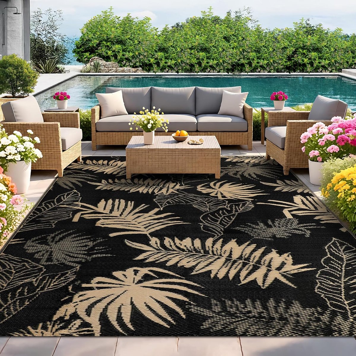 SnelShoppen - Outdoor Carpet 270x365cm Dubbelzijdig Groot Tuinbedekking Waterdicht, Plastic Wicker Tapijt Mat Draagbaar Voor Tuin, Balkon, Terras, Kam