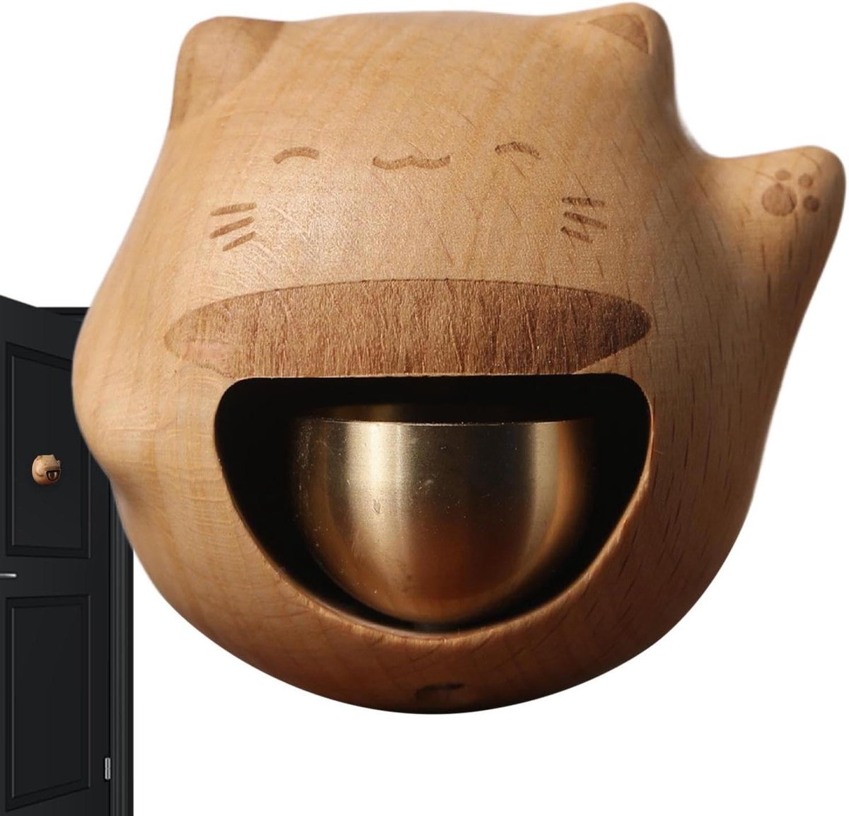 Houten Deurbel Kat - Winkelbel Alarm - Gasten Aankondigen - Handmatig Gepolijst - 7.5 x 7.2 x 5.2 cm