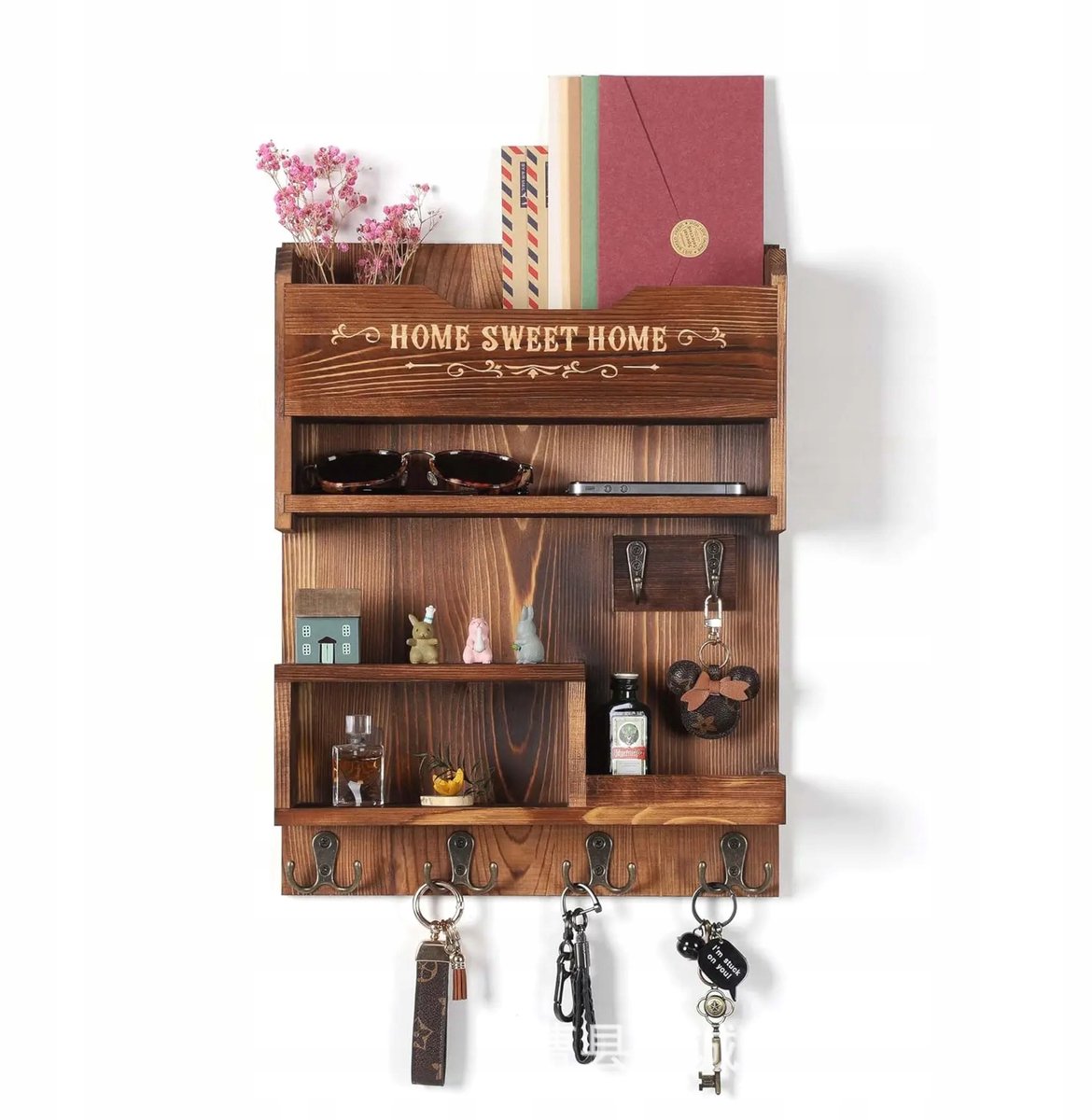 Houten Wandorganizer met Haken en Plank - Vintage Stijl