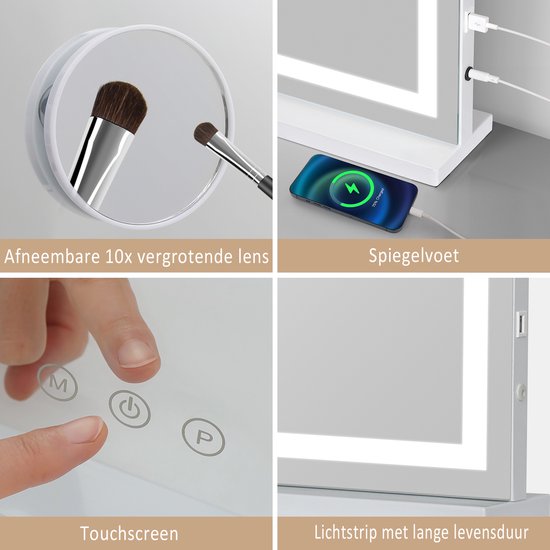 Gedetailleerde weergave van de LED spiegel: afneembare 10x vergrotende lens, spiegelvoet met telefoon, touchscreen bediening, LED lichtstrip.
