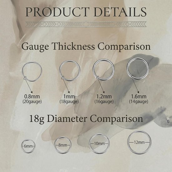 Neusring Hoep 20G 18G 16G 14G - Titanium Legering - Gehingd Kliksysteem - Perfect voor neuspiercings - SnelShoppen — afbeelding 5