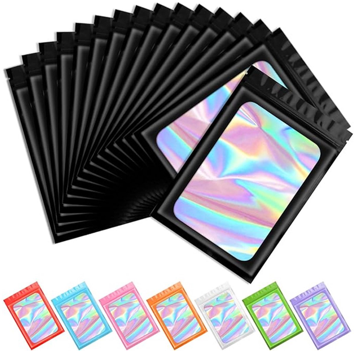 100 stuks zwarte holografische mylar verpakkingszakjes, transparante hersluitbare foliezakjes voor het bewaren van voedsel en het verpakken van lipgloss, sieraden en wimpers voor kleine bedrijven (6 x 9,9 cm)
