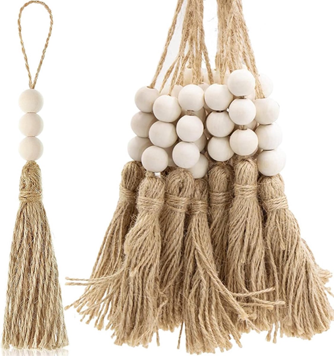 Set van 20 jute touw kwasten met houten kralen - natuurlijk en rustiek - voor decoratie en ambacht - ShopVlot