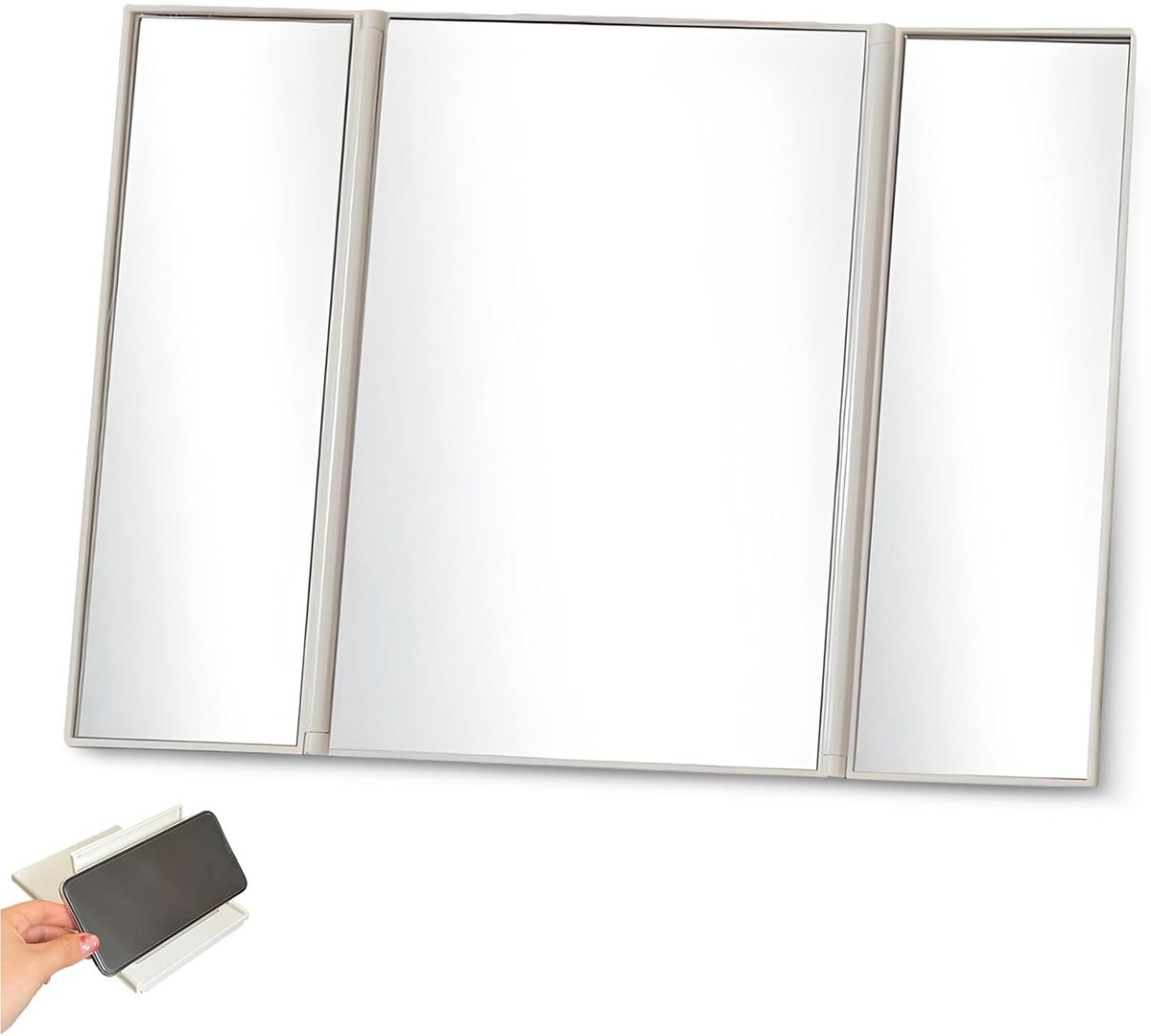 Make-up Spiegel, Drievoudig Vouw Spiegel - Hoogwaardige ABS Kunststof - Blindspot Vrij - Ook als Telefoonhouder - ShopVlot