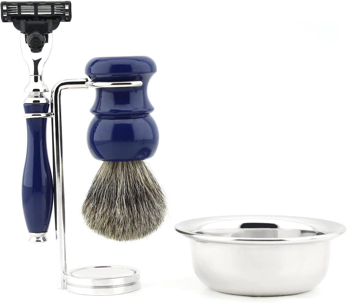 Scheerset met 3 messen - echte/super varkenshaar borstel - blauwe kleur - luxe gevoel in de hand - ShopVlot