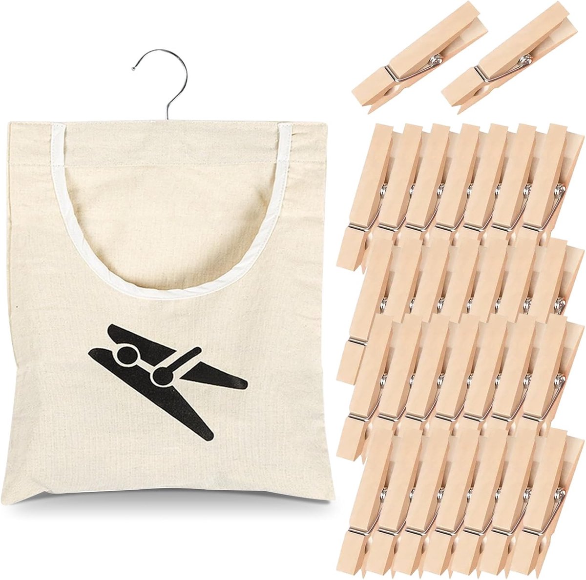 Wasknijperzak 32 x 28 cm - Katoen Canvas - Met ophanghaken en 30 houten knijpers - Handig voor thuis of op reis - ShopVlot