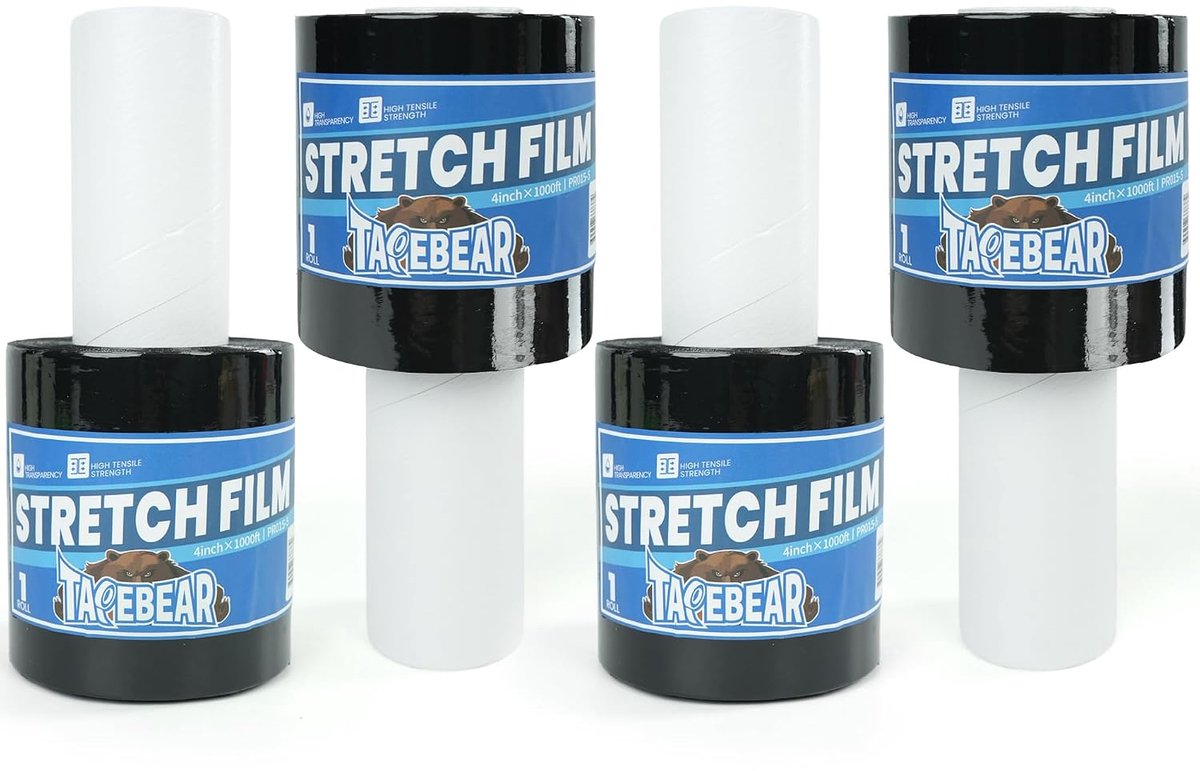 Stretchfolie 4 inch x 1000 ft - 4 rollen - zwart - zelfklevend voor snel inpakken - ShopVlot
