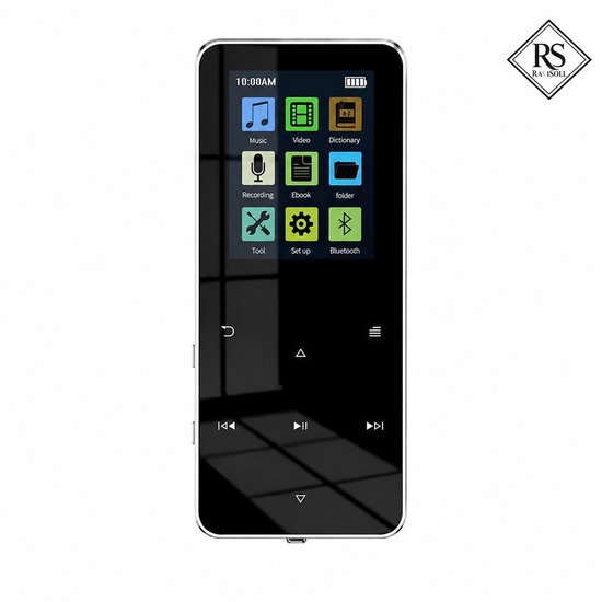 Zwarte MP3/MP4 speler met touchscreen en iconen voor Muziek, Video, Woordenboek, Opname, E-book, Map, Tool, Instellen en Bluetooth.