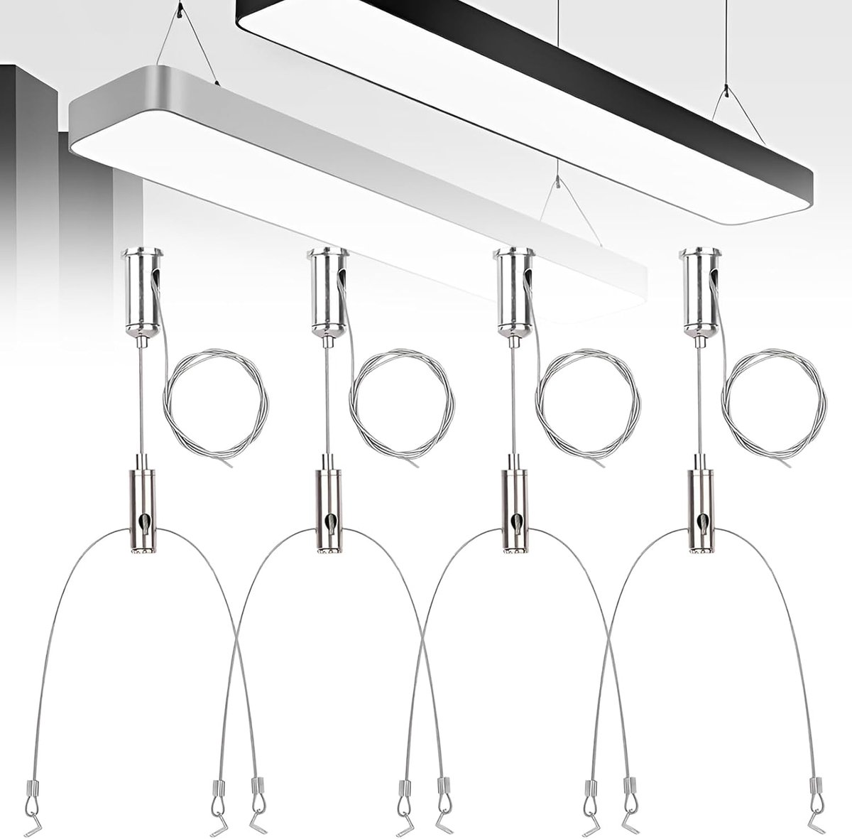 SnelShoppen - Pack van 4 Kabel Hangers Installatie Kit Stalen Kabel Verstelbaar 1.5 mm x 1 m Draad voor LED Paneel Plafondverlichting