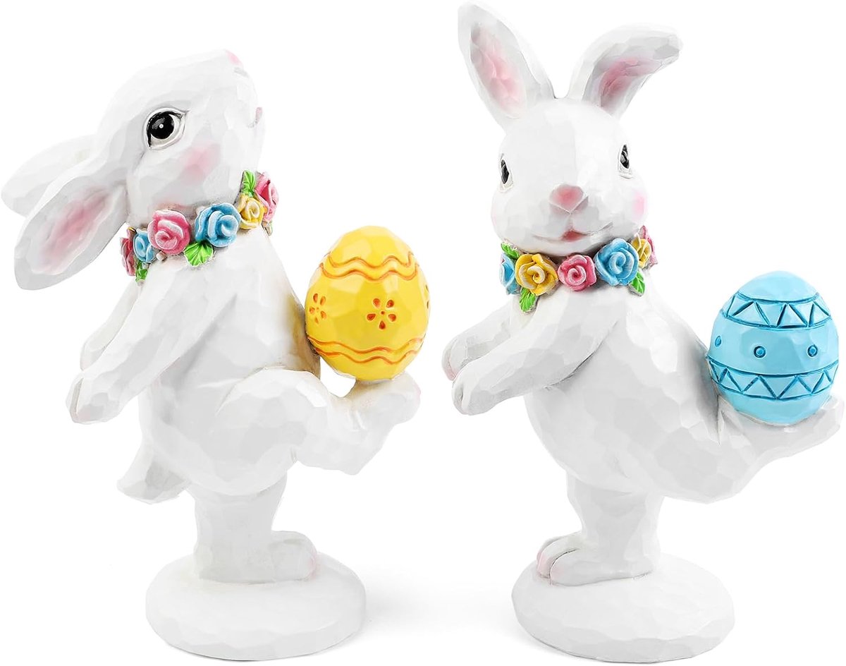 Easter bunny figuren 2pcs - witte konijnen - vrolijke resin beelden - perfecte decoratie voor Pasen - ShopVlot