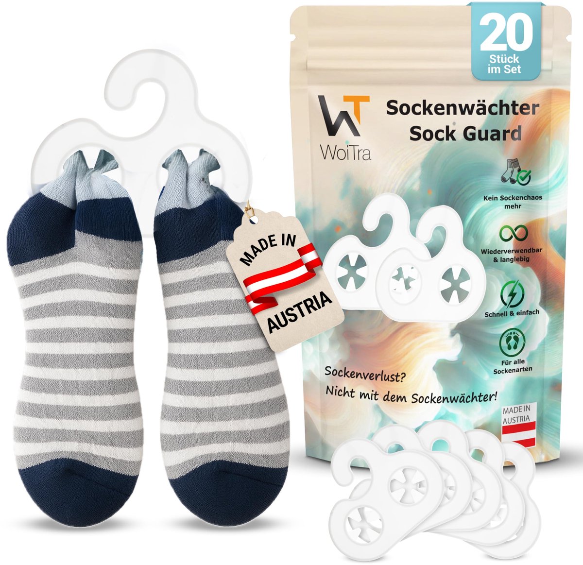 Sokkenhouder - sokkenklemmen 20 stuks - kunststof wit - sokkenorganisatie tegen sokkenverlies - ShopVlot