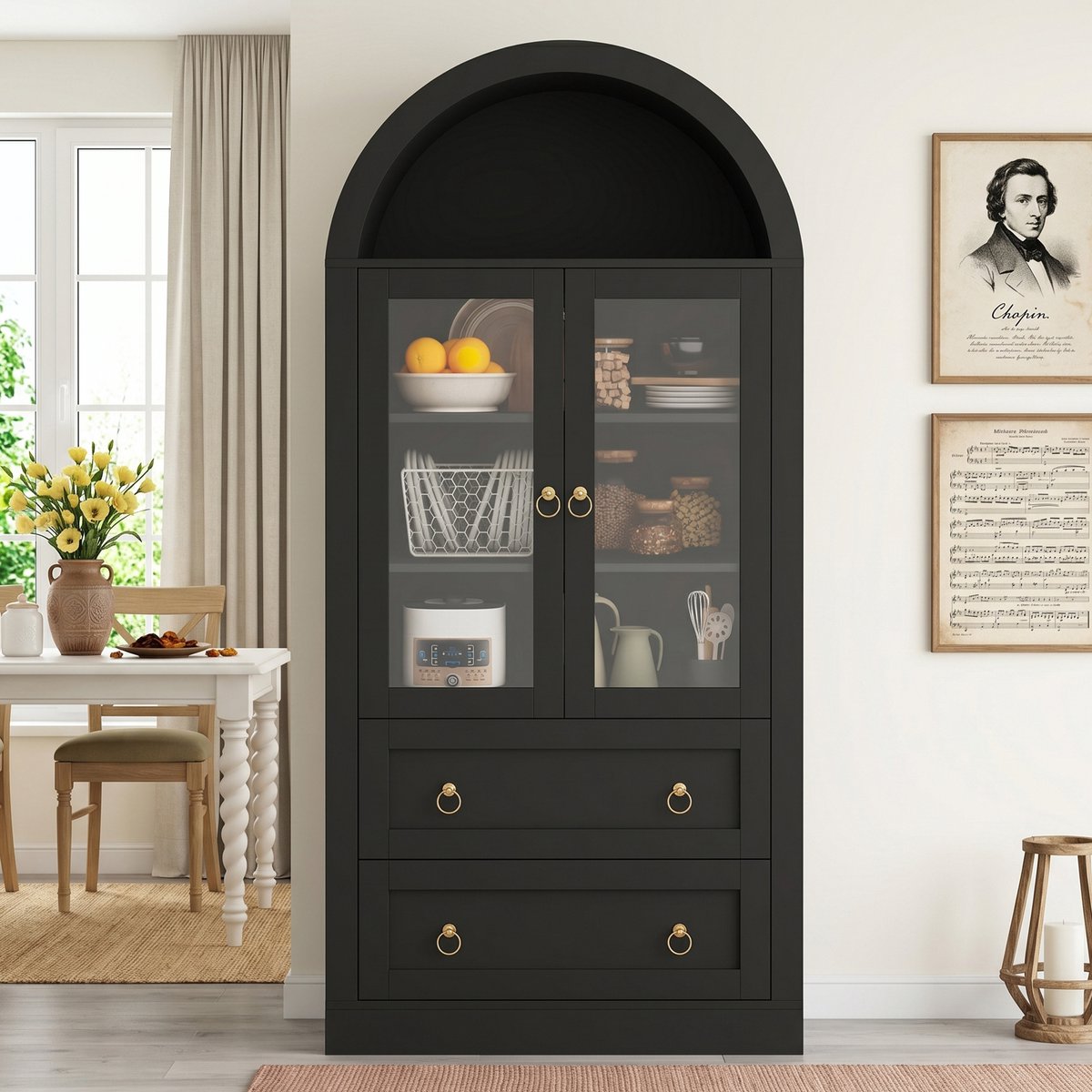 Modenuit Kast - Boogvorm Met Glazen Deuren En 2 Lades - Keuken En Woonkamer - Zwart Spaanplaat - 80x36x170 Cm