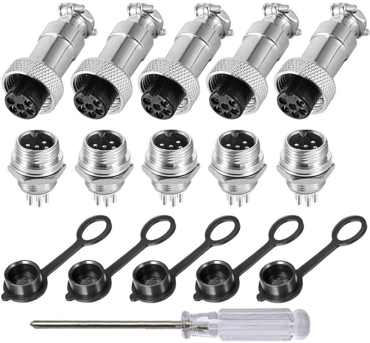 SnelShoppen - Pack van 5 6 Pin GX12 Luchtvaartstekkers 12mm Draad Metaal Aansluitconnector, 5A Mannelijke en Vrouwelijke Aansluitplug Set met Rubber K