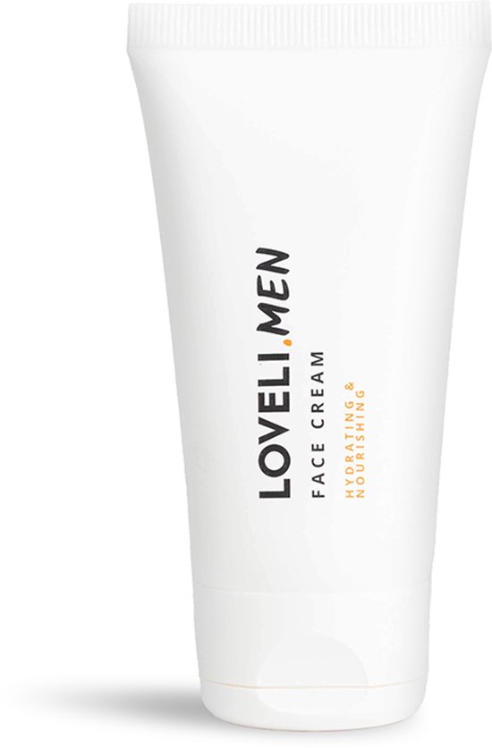 Witte tube met 'LOVELL MEN FACE CREAM HYDRATING & NOURISHING' tekst in het zwart.