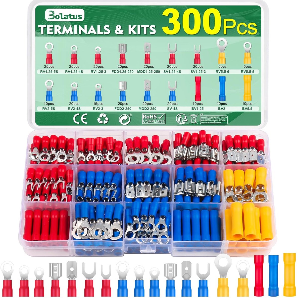 Cable lugs assortiment 300 stuks - 0.5 - 6.0 mm² - diverse connectoren - geschikt voor auto-toepassingen - SnelShoppen