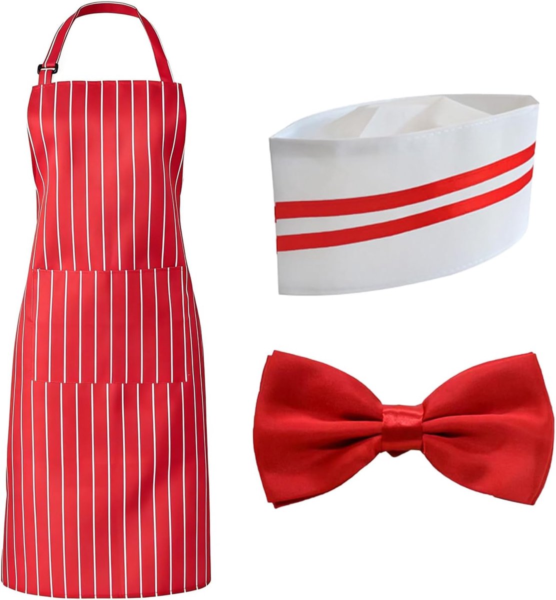 Koks schort set 3-delig - rood-wit gestreept - met hoed en zakken - ideaal voor BBQ en koken - SnelShoppen