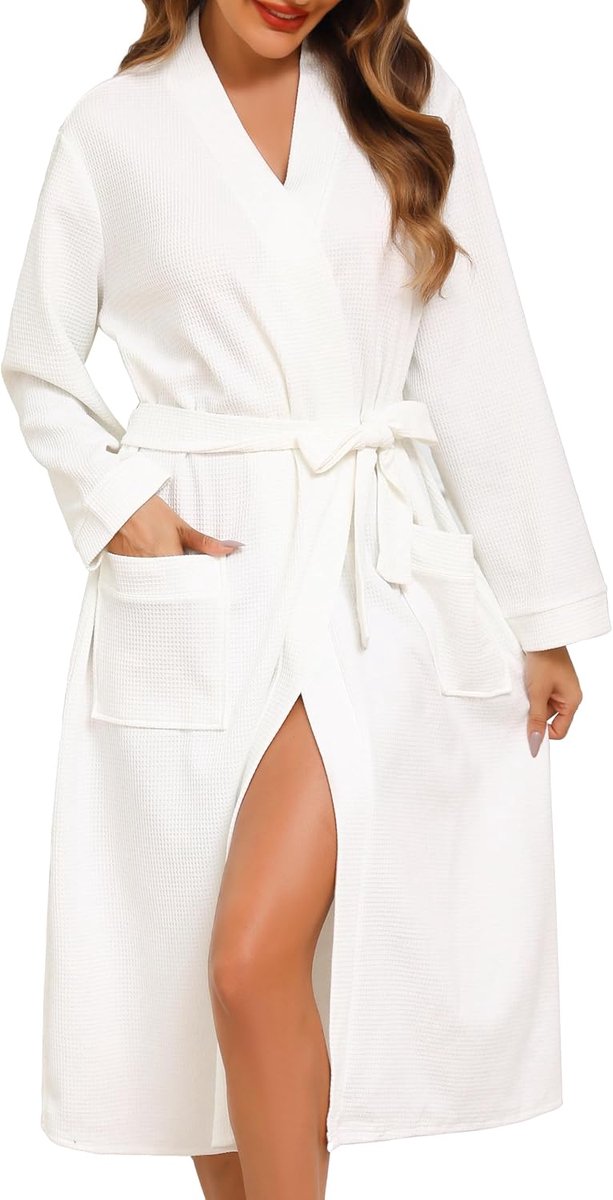 Damesbadjas lang sexy V-hals - lichtgewicht wafelstof - ideaal voor bruiloft of sauna - comfortabele loungewear - SnelShoppen