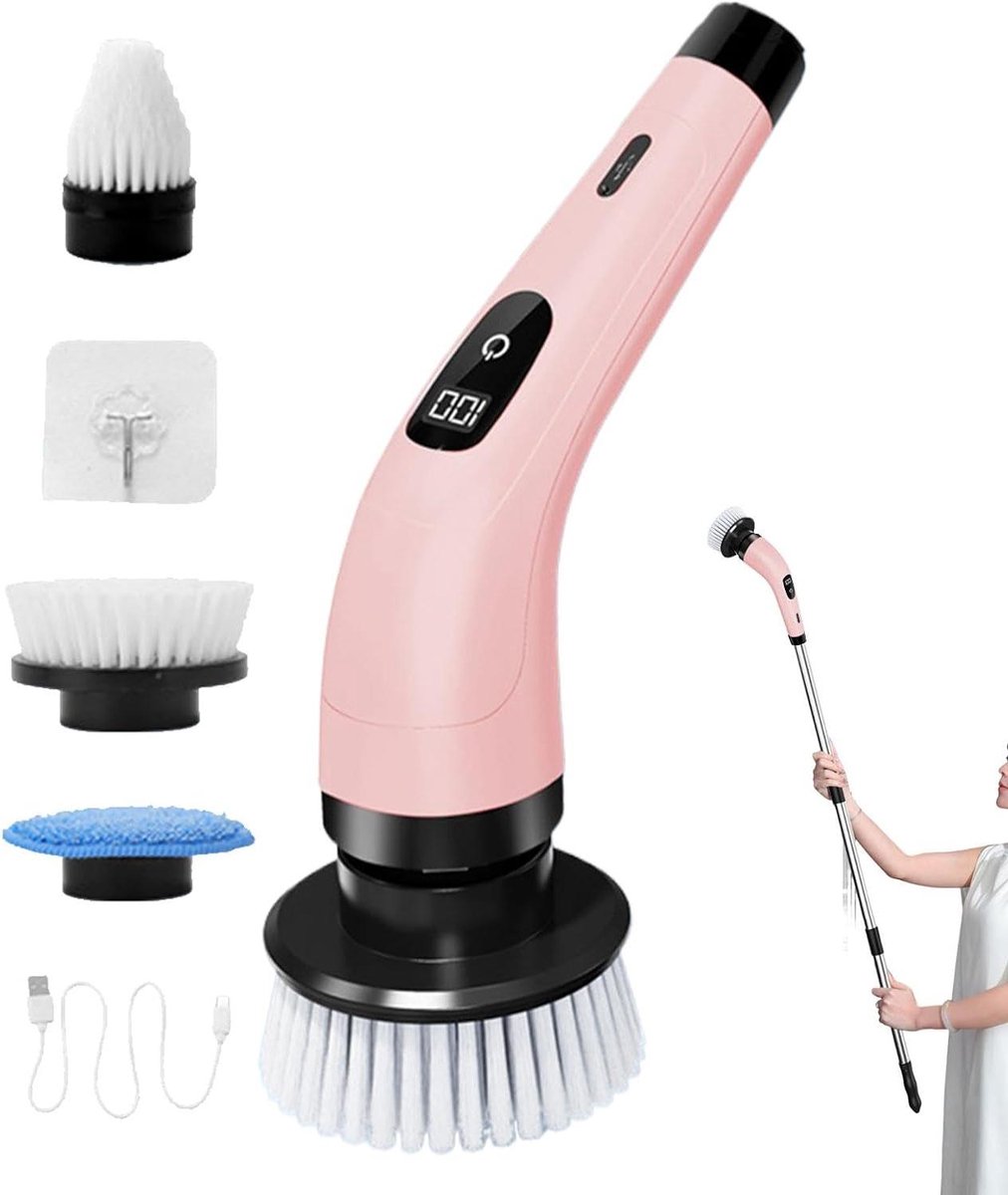 Elektrische schrobborstel - Reinigingsborstel - Badkamer reinigen - Verstelbare snelheden - 345 cm - Roze