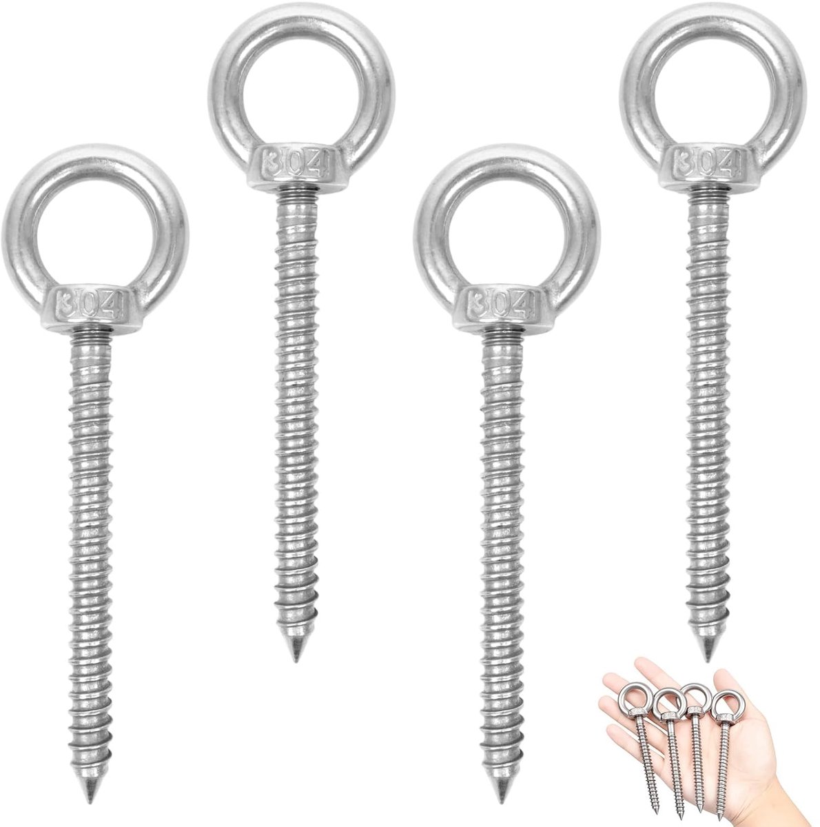 4 stuks ringschroef M8, 304 roestvrij staal, heavy duty oogschroeven, lange oogschroef M8 x 80 mm voor zware binnen- en buitentoepassingen - hangmatten, luifels, hangstoelen, schommelstoelen
