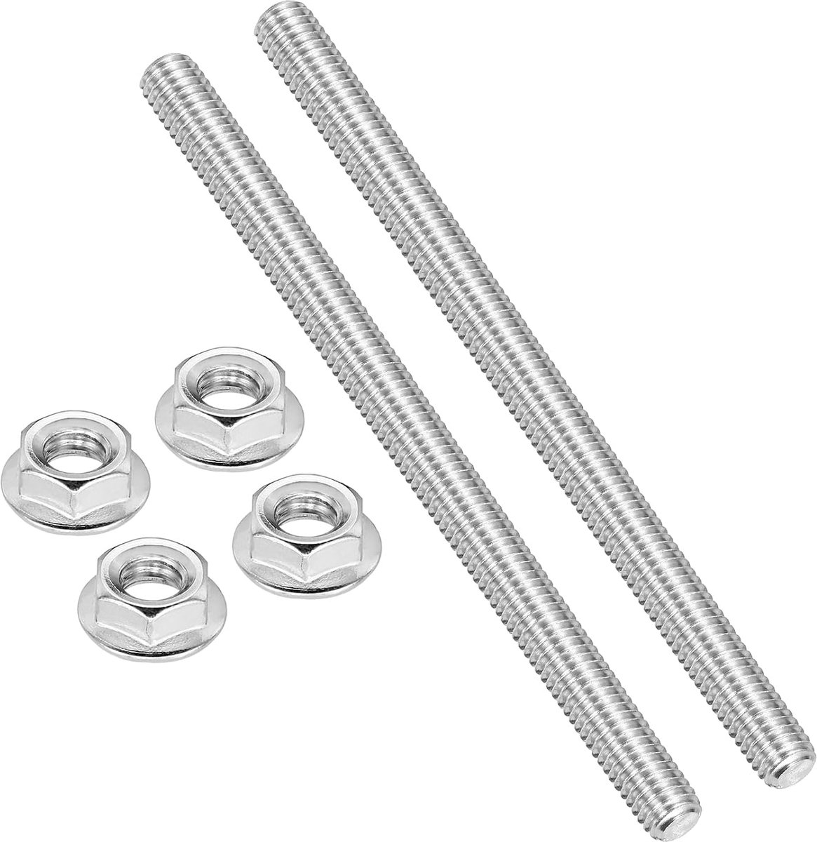 2 stuks 3/8-16 UNC x 130 mm draadstangen met zeskantmoeren 304 roestvrij staal volledige schroefdraadstangen rechtse schroefdraad met 4 stuks flensmoeren voor klemmen U-schroeven zilverkleurig