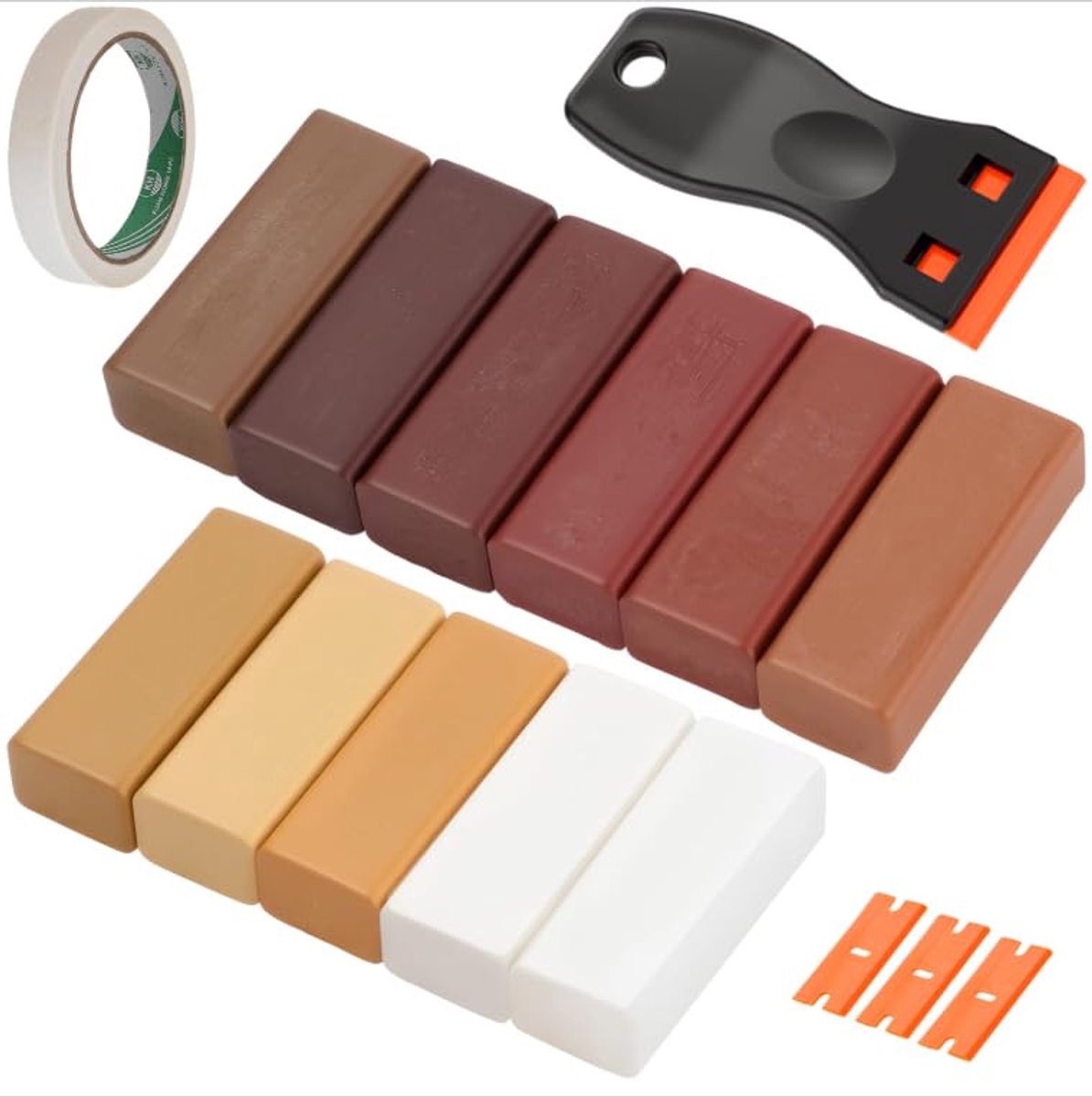 Reparatieset voor laminaat, 11 kleuren, harde wax, reparatieset, donker vinyl, reparatieset met schraper, houtwax, reparatie voor vloeren, meubels, houten wanden, repareren van krassen en gaten