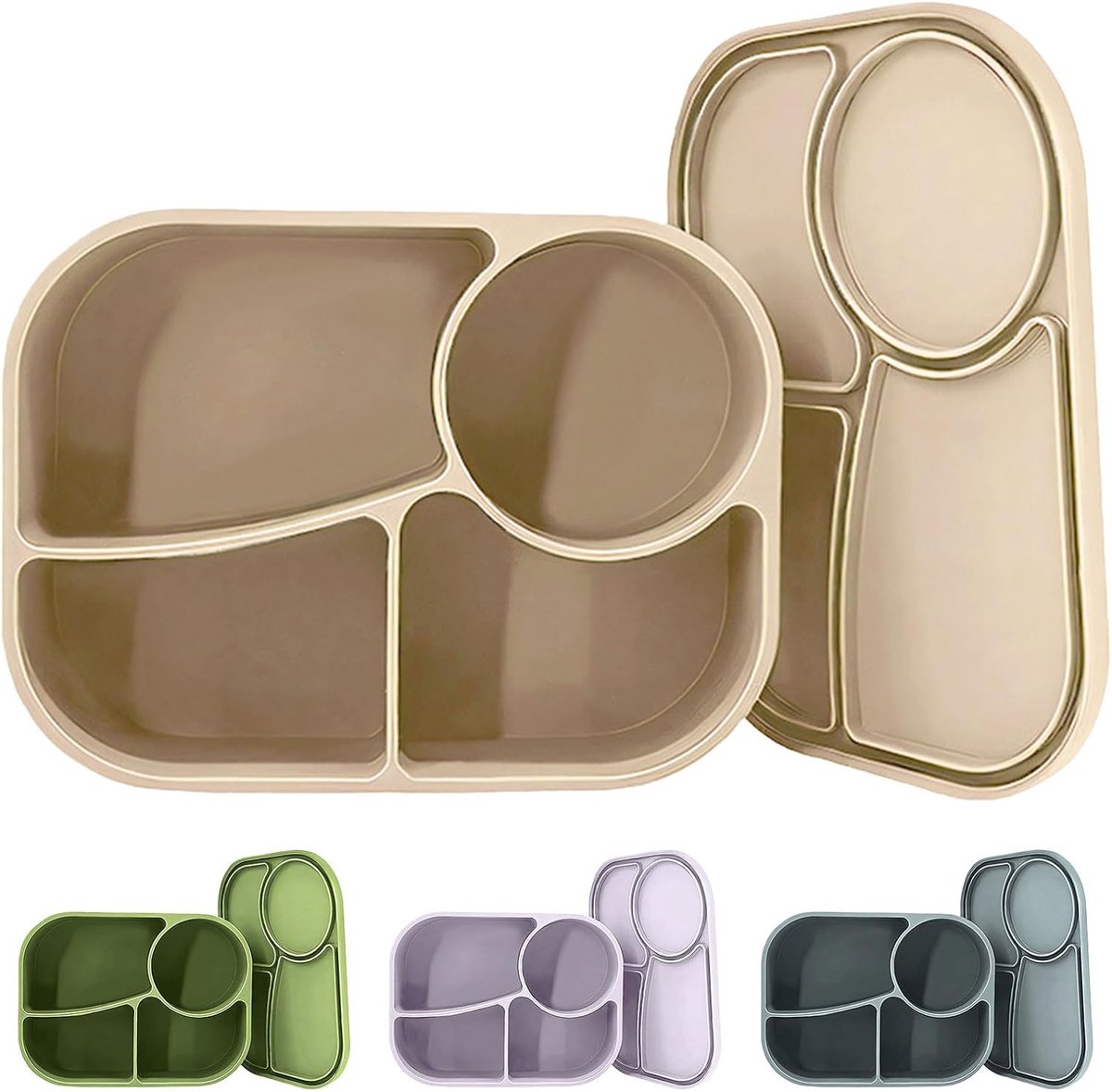Broodtrommel met 4 vakken, lunchbox van siliconen, magnetron, vaatwasser, lunchbox, herbruikbare broodtrommel, BPA-vrij, beige