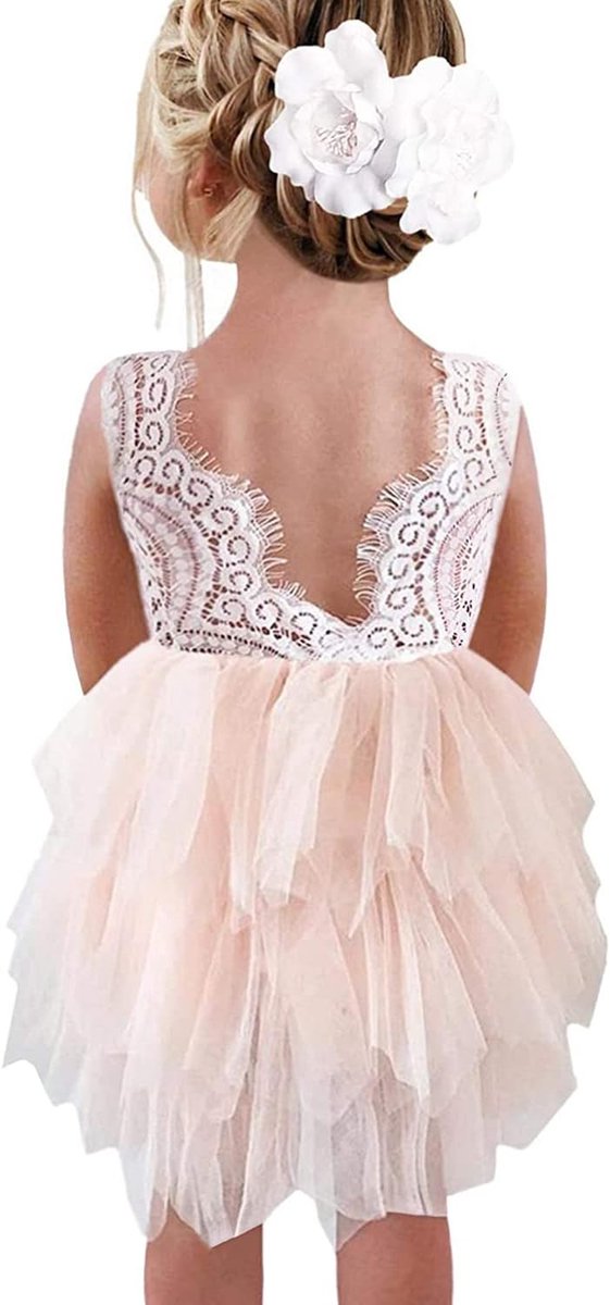 Feestjurk voor meisjes, kant, V-hals, rug, mouwloos, wollig, tule, prinsessenjurk, feestjurk, bloemenmeisjesjurk