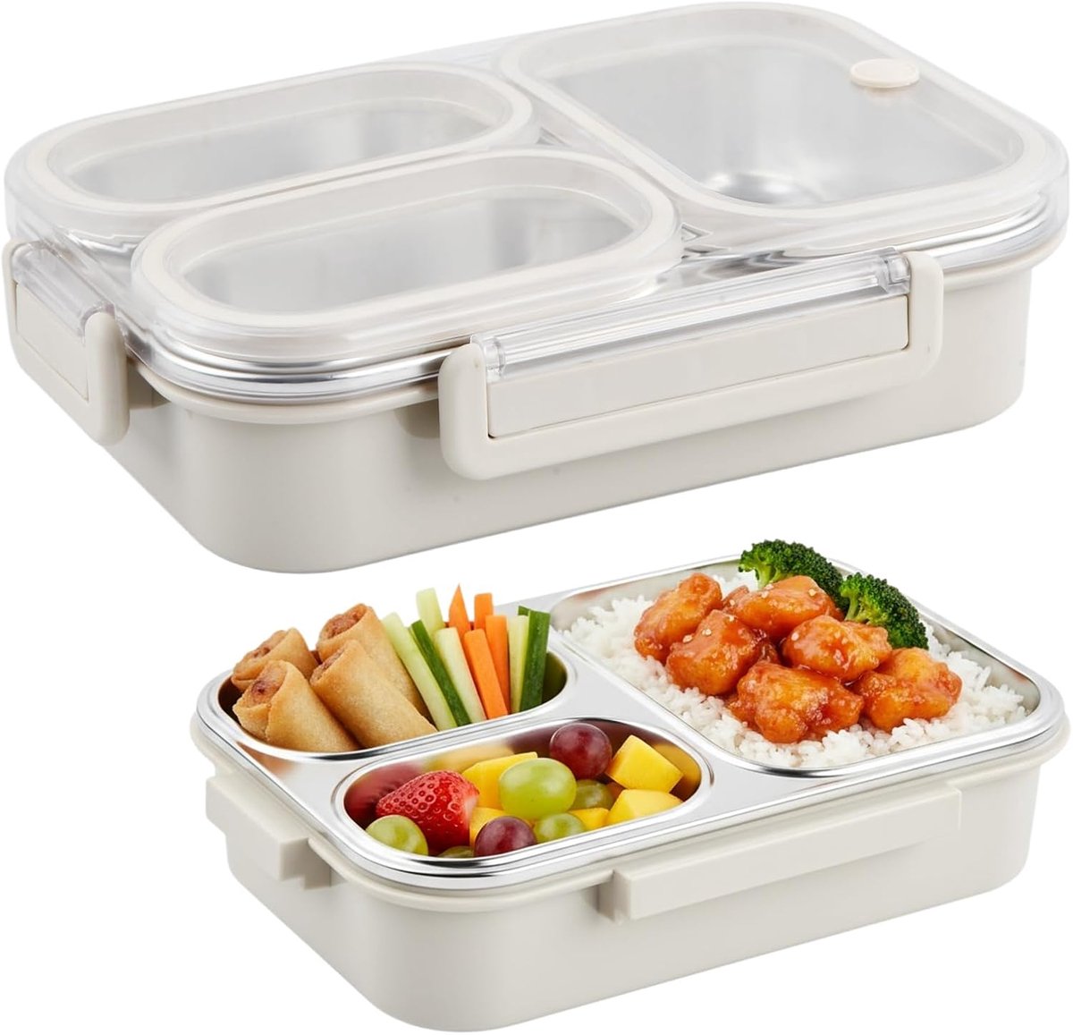 Broodtrommel van roestvrij staal, 1000 ml, met 3 vakken, bento lunchbox voor volwassenen, lekvrij, brooddoos, lunchbox, boterhamdoos voor meisjes, jongens, school (beige)