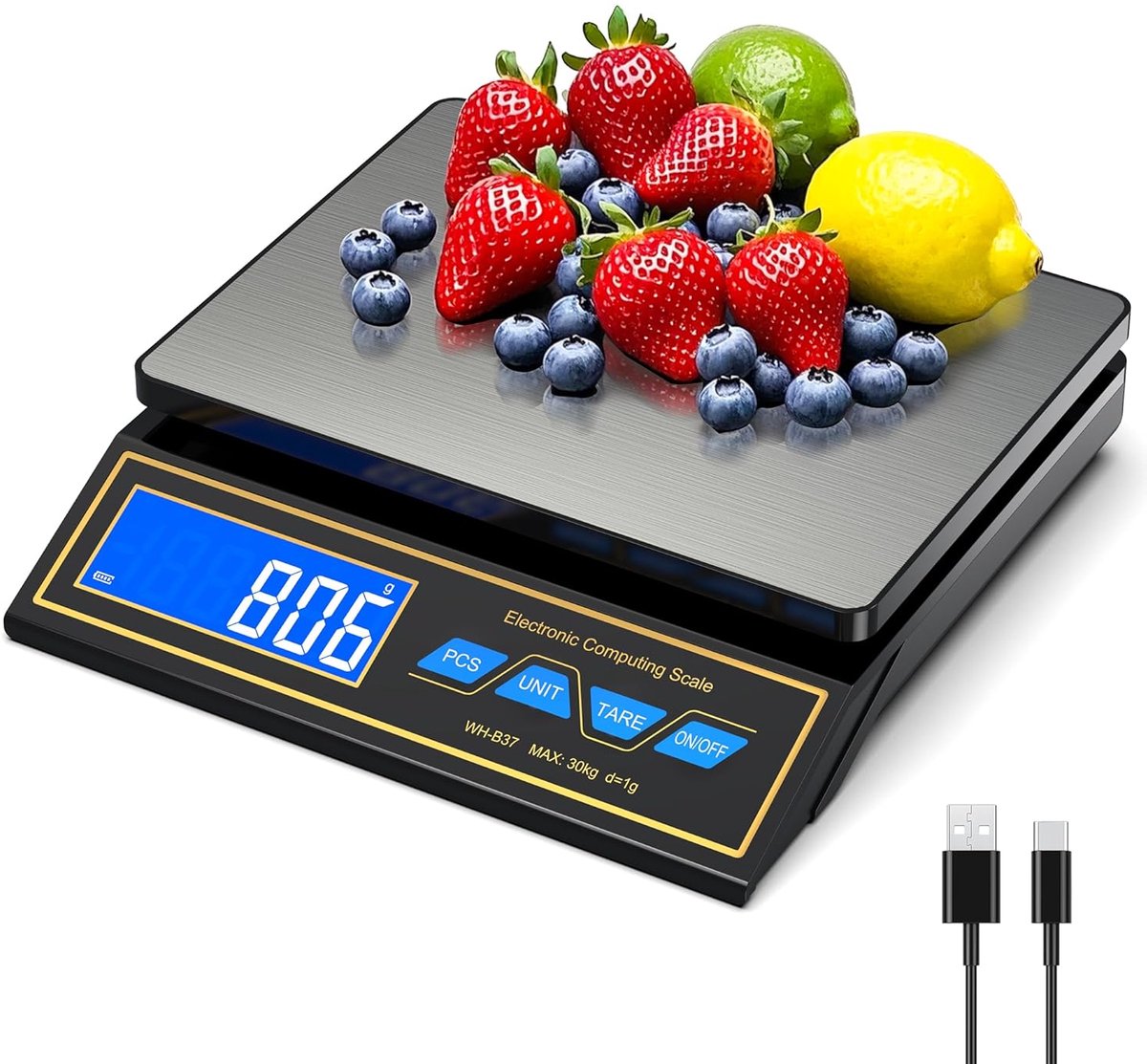 30 kg, roestvrij staal, digitale weegschaal, pakketweegschaal, fijne weegschaal 1 g voor gastronomisch meten van vlees, worst, koffieweegschaal met LCD, PCS-telling