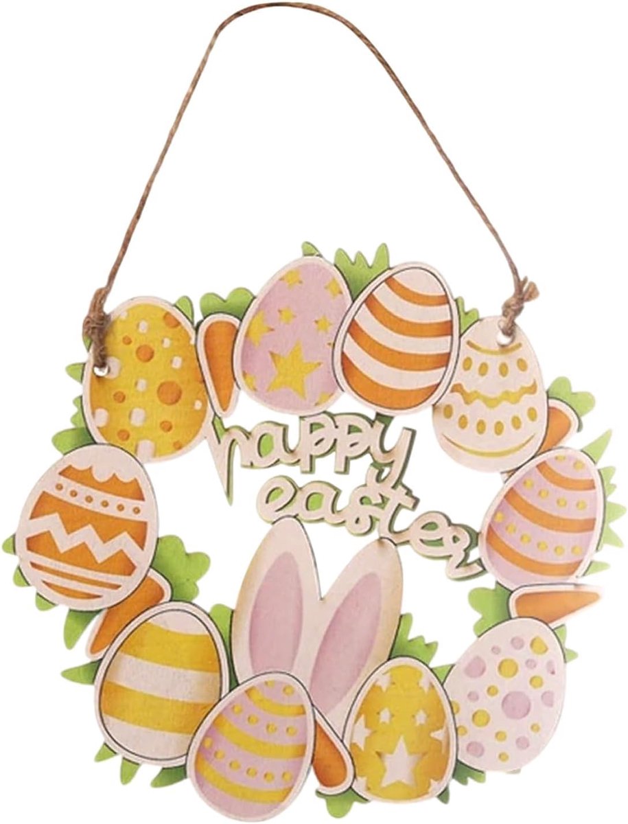 paashanger "Happy Easter" met haas, paaseieren en gras, ronde deurdecoratie, raamdecoratie en paasstruik, moderne paasdecoratie voor binnen, cadeau voor Pasen