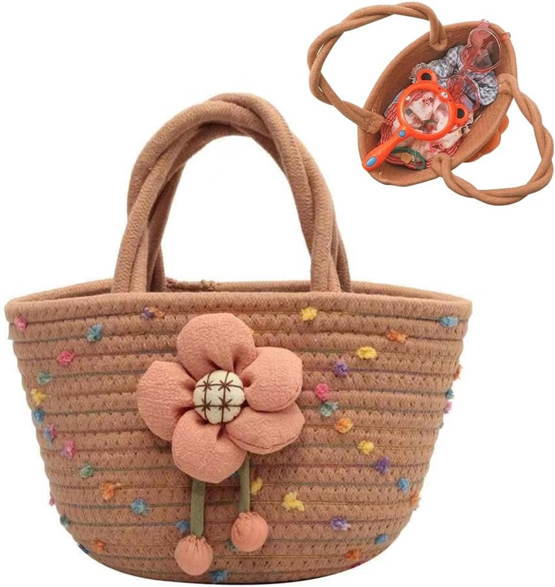 Stro Schoudertas met bloemen voor meisjes, boho stro strandtassen voor meisjes en vrouwen, lichte handtas voor vakantie, reizen, strand en zomer (kaki)