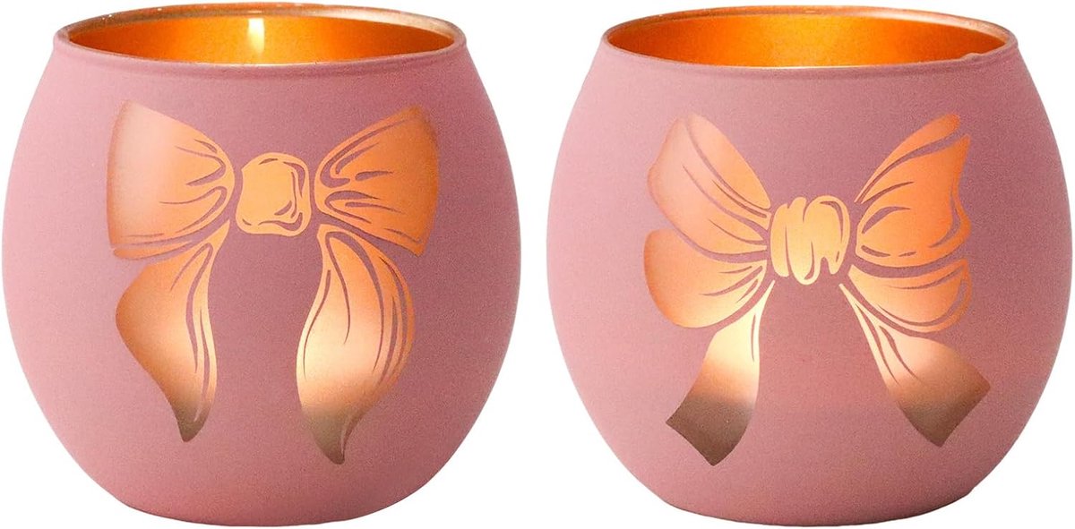 Kandelaar glas met strik, theelichtglazen voor Coquette Room Decor | Set van 2 esthetische kaarsenglazen voor bruiloft en tafeldecoratie Pasen, roze windlicht glazen theelichthouder voor vrouwen
