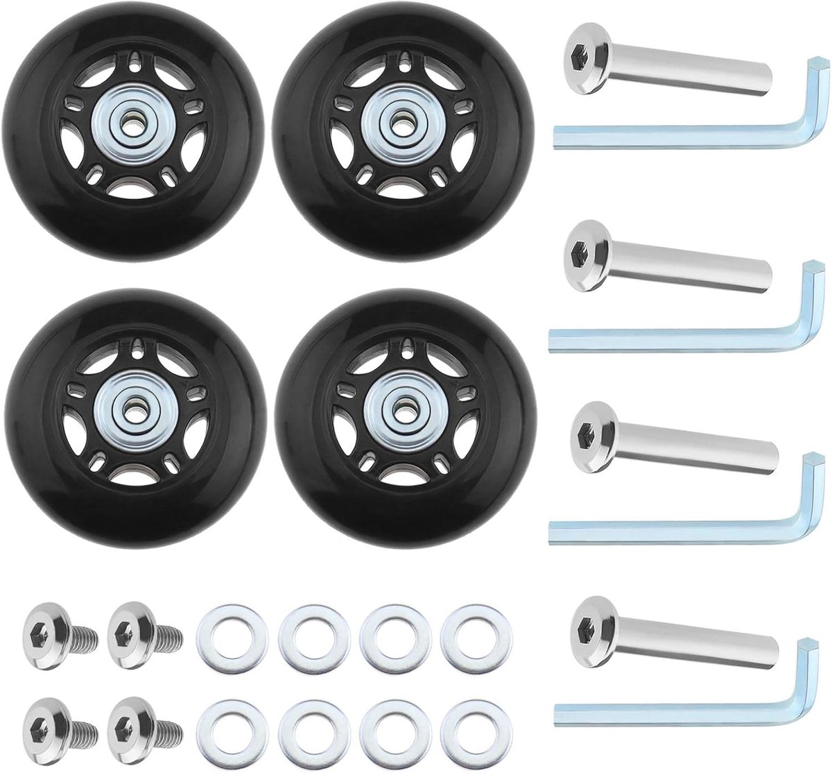 Store 2 sets 60 x 18 mm bagagerollen met assen sleutel koffer reservewielen trolley case wielen draaibare rubberen wielen reparatie tool kit, zwart, 60 x 18 mm