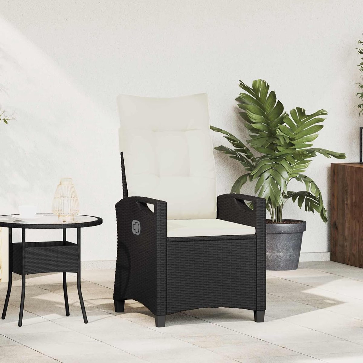 Tuinstoel met klaptafel, polyrotan, zwart/crème, 56 x 60 x 112 cm, voor terras en tuin