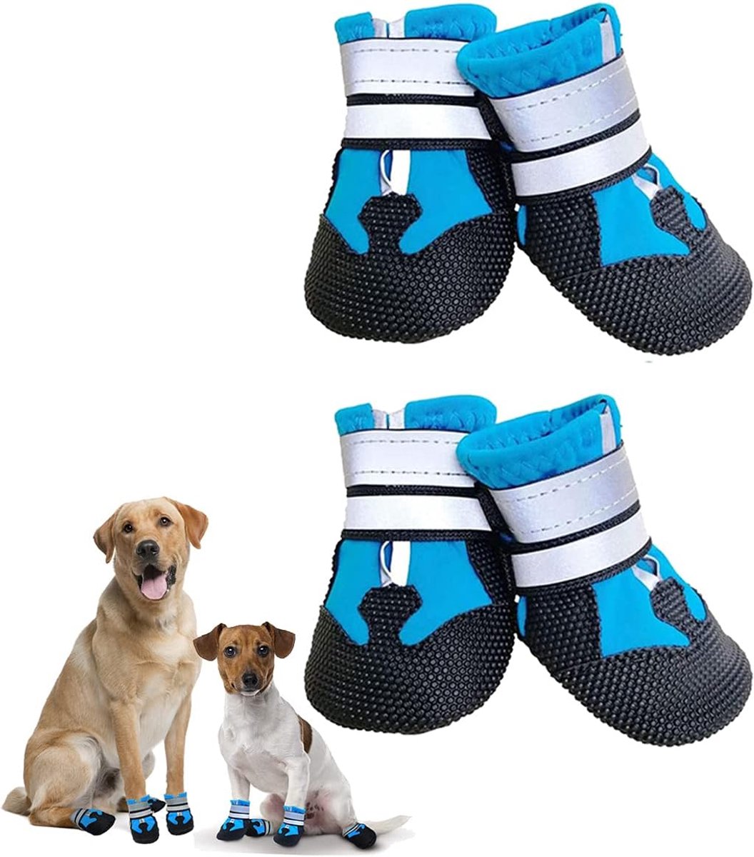 Schoenen voor het beschermen van hun poten, antislip en waterdicht met verstelbare reflecterende bandjes, voor kleine, middelgrote en grote honden, 4 stuks, blauw, (XXL)